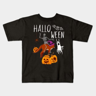 Halloween Skeleton Riding Kangaroo Funny Kids T-Shirt